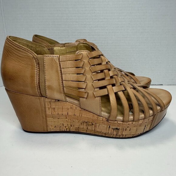 Chocolat Blu Woven Peep-Toe Wedge Sandals Women's Size 8.5 Tan Cork Platform Hee - Picture 2 of 9